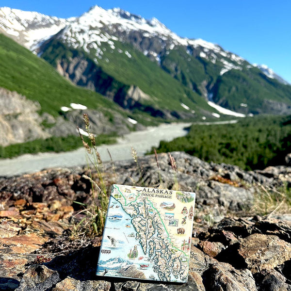 Inside Passage ceramic coaster sitting on rocks with Alaska snow capped mountain in the background.