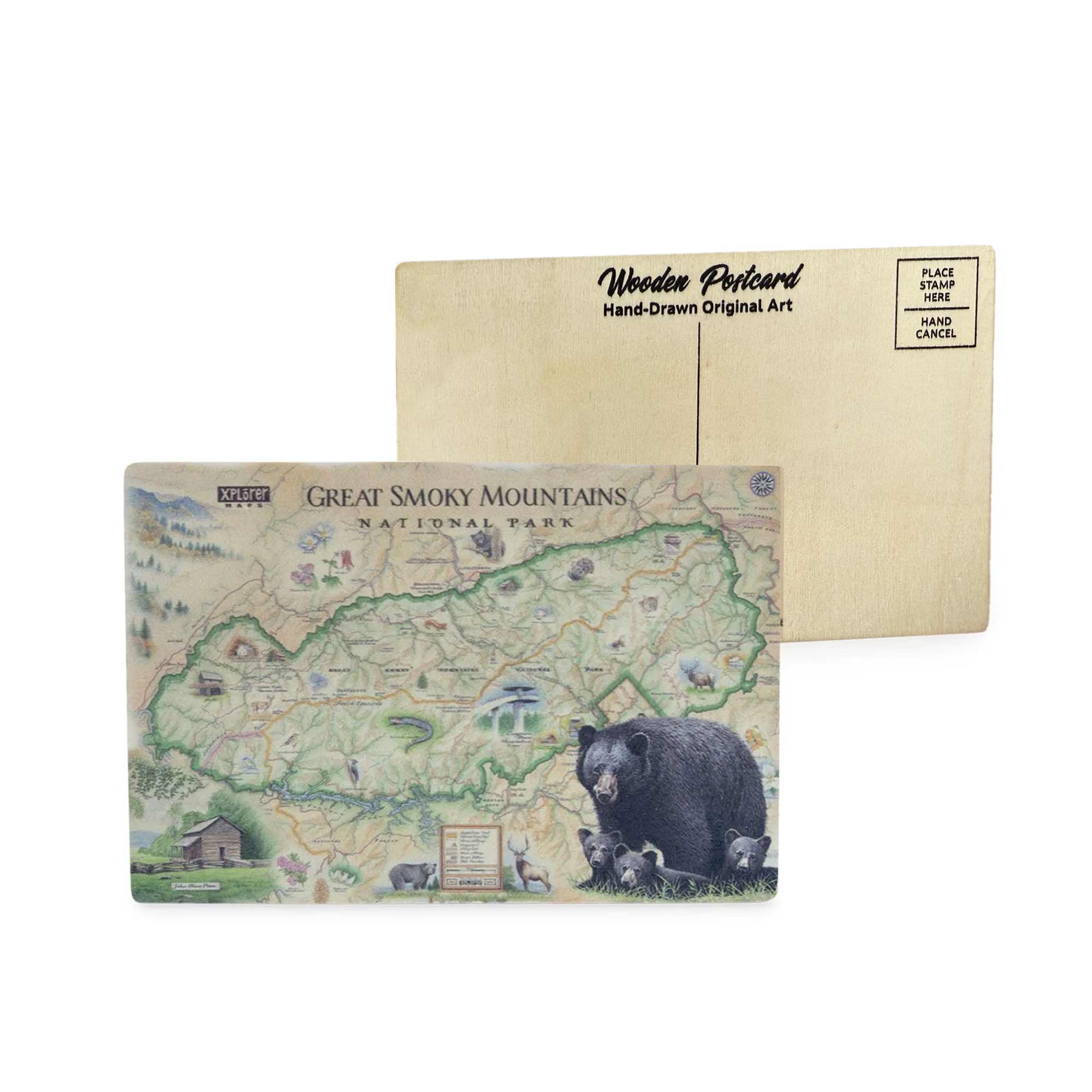Great Smoky Mountains National Park Map wooden postcard in earth tones featuring hand-drawn illustrations of black bears, Appalachian cabins, and Smoky Mountain landscapes.