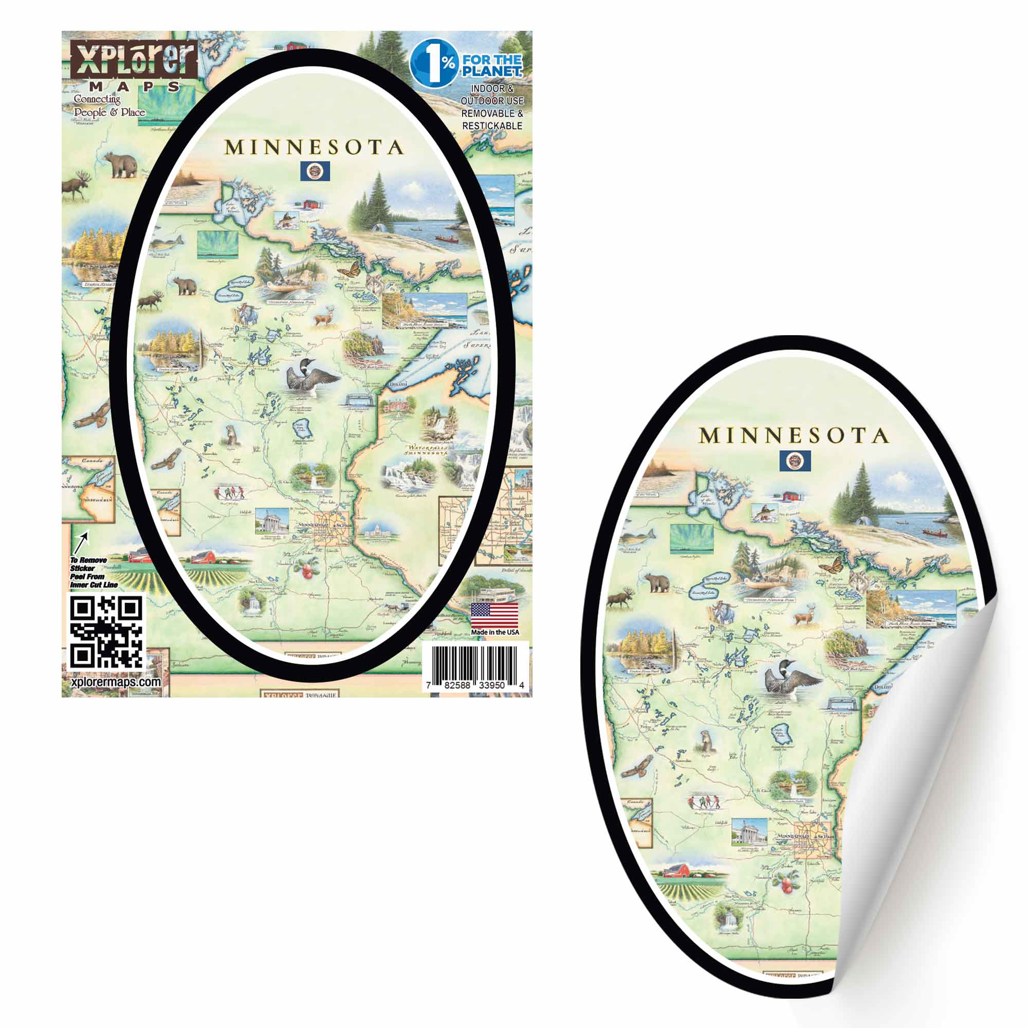 Hand-drawn Xplorer Maps art sticker of Minnesota, oval-shaped, 5.5