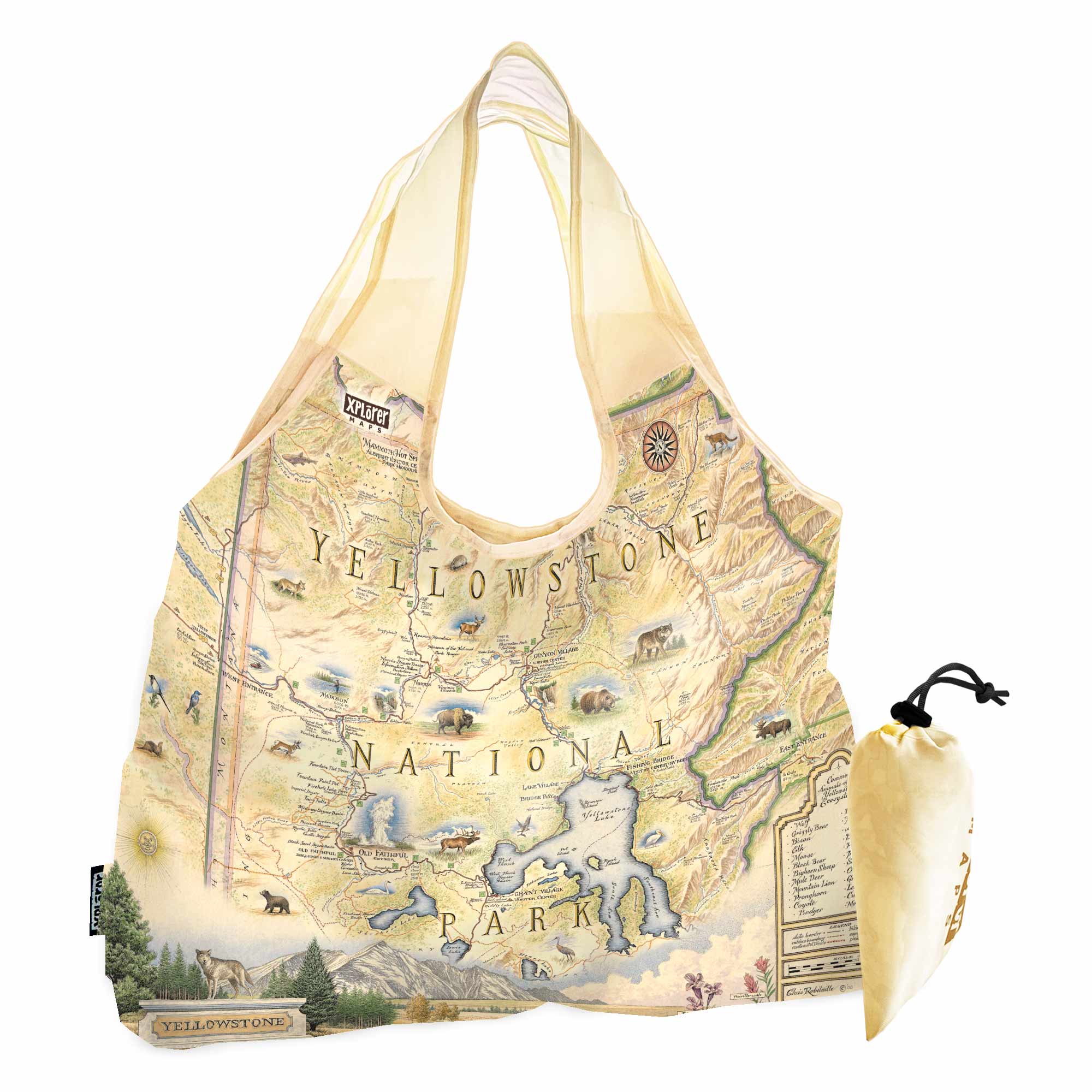 Yellowstone National Park Map Pouch Tote Bags by Xplorer Maps. The map features illustrations of places such as Yellowstone Lake, Old Faithful, and Roosevelt Tower. Flora and fauna include mountain lions, world, grizzly bears, fireweed, and lupine.