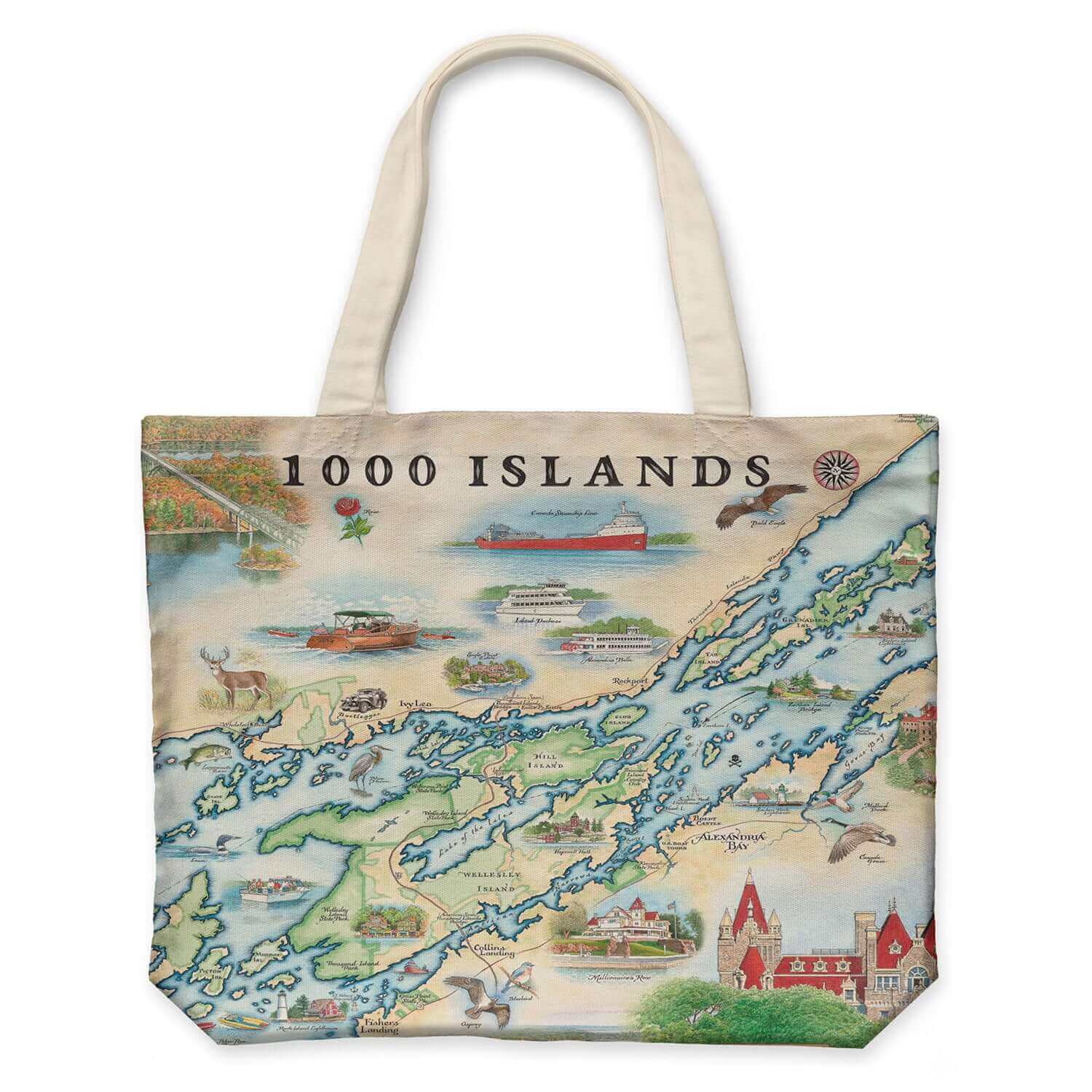 1000 Islands Map Canvas Tote Bag in earth tone colors. Map features Bolt Castle, Singer Castle, Fishers Landing, Millionaires Row, Cruise ships, and Bootleggers. Flora Fauna of birds, Large Mouth Bass, and deer.