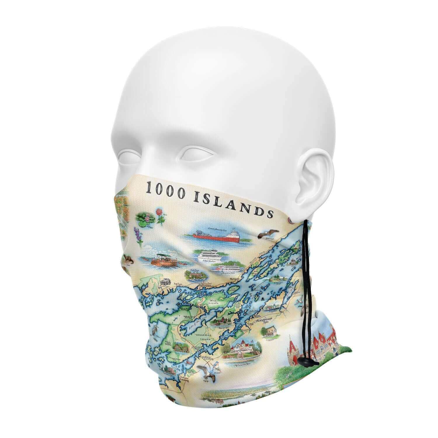 1000 Islands Map Neck Gaiter. Earth tone colors. Gaiters features Bolt Castle and Singer Castle.