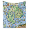 Hanging, full-color Acadia National Park fleece blanket in earth tones. Features historical sites such as Cadillac Mountain, Jordan Pond Gatehouse, Park Loop Road, Sand Beach, Otter Cliff, and Thunder Hole. Flora and fauna Harbor Seal, Humpback and Finback Whales, the Common Loon, White-tailed Deer, Red Fox and Goldenrod, and Blue Aster wildflowers.