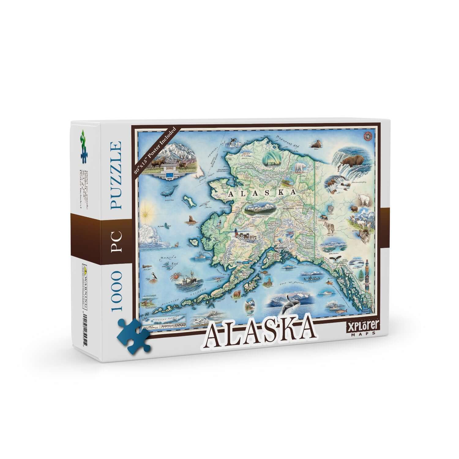 Alaska State map puzzle by Xplorer Maps. The Map features Anchorage, Juneau, Fair Banks, Denali National Park, Iditarod Trail Sled Dog Race, bears, elk, moose, whales, a mountain goat & a sheep.