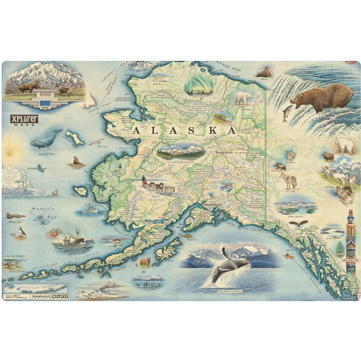 Alaska State map wood sign in earth tone colors - featuring Denali National Park, bears, whale, mountain goat & sheep.