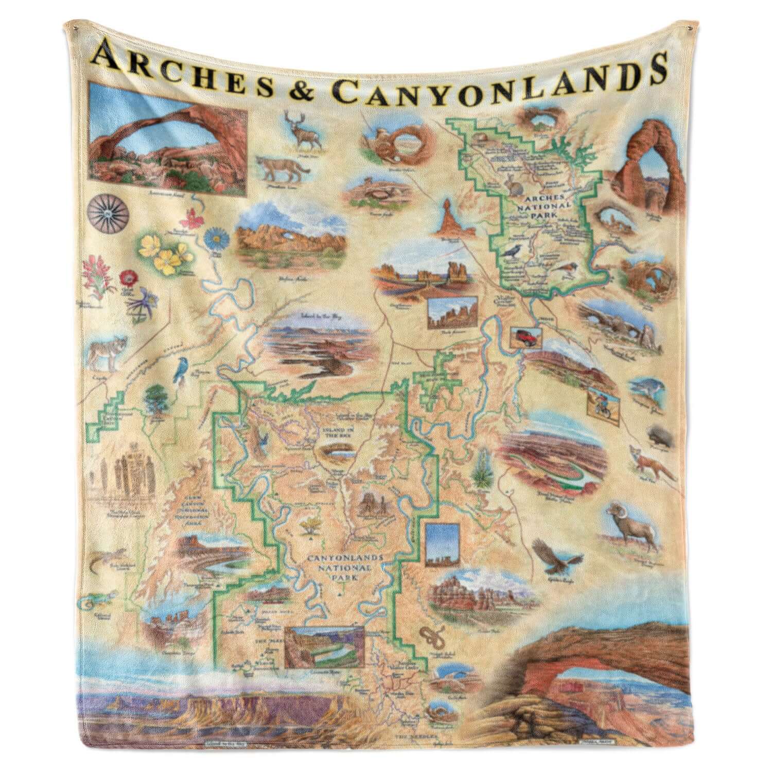 Hanging fleece blanket of Arches & Canyonlands National Park. It features Island in the Sky, Panorama Point Overlook, Angel Arch, Chester Park, Peteās Mesa, Colorado and Green River, Double Arch, Balanced Rock, Tower Arch, Double O Arch, and Delicate Arch. Wildlife and plants include rattlesnakes, bobcats, Desert Bighorn sheep, falcons, golden eagles, red foxes, porcupines, mule deer, mountain lions, coyotes, and lizards. Indian Paintbrush, Claret Cup Cacti, and Columbines.