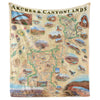 Hanging fleece blanket of Arches & Canyonlands National Park. It features Island in the Sky, Panorama Point Overlook, Angel Arch, Chester Park, Peteās Mesa, Colorado and Green River, Double Arch, Balanced Rock, Tower Arch, Double O Arch, and Delicate Arch. Wildlife and plants include rattlesnakes, bobcats, Desert Bighorn sheep, falcons, golden eagles, red foxes, porcupines, mule deer, mountain lions, coyotes, and lizards. Indian Paintbrush, Claret Cup Cacti, and Columbines.
