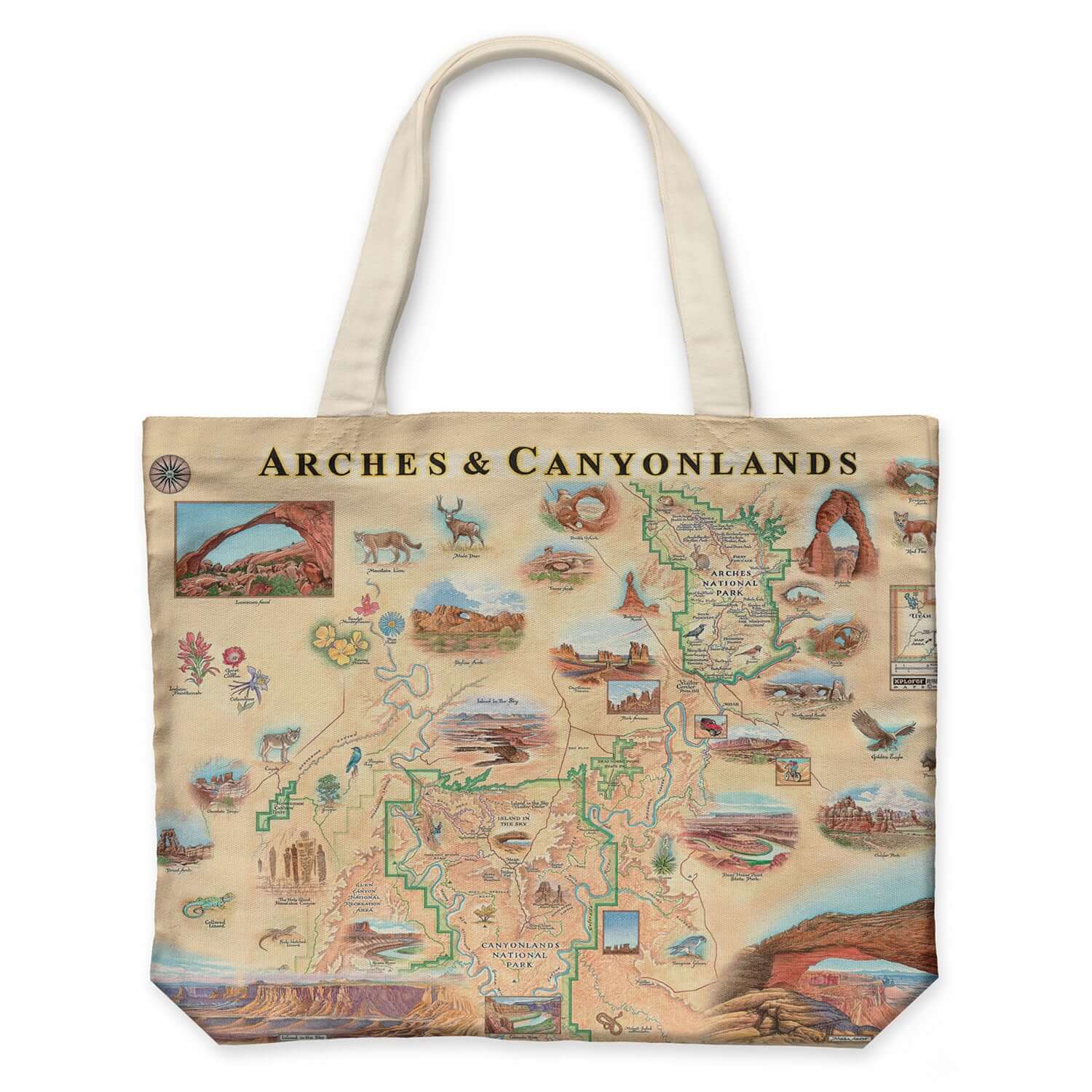Arches & Canyonlands National Park canvas tote bag in earth-tone colors. Featuring Moab, Colorado River, Mesa Arch, Landscape Arch, and canyons. Flora and Fuana include native flowers like Indian Paintbrush, columbine deer, elk, mountain lion, wolf, lizard, birds, and eagle.