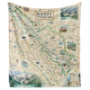 Hanging fleece blanket featuring a map of Banff National Park This map highlights Lake Louise, Moraine Lake, Lake Minnewanka, Peyto Lake, Emerald Lake, Mount Rundle, Mount Assiniboine, Cascade Mountain, Castle Mountain, Mount Temple, and Fairmont Banff Springs Hotel. Wildlife includes elk, mountain lions, Bald Eagles, gray wolves, Bighorn Sheep, black & Grizzly bears, moose, Great Horned owls, beavers, and more.