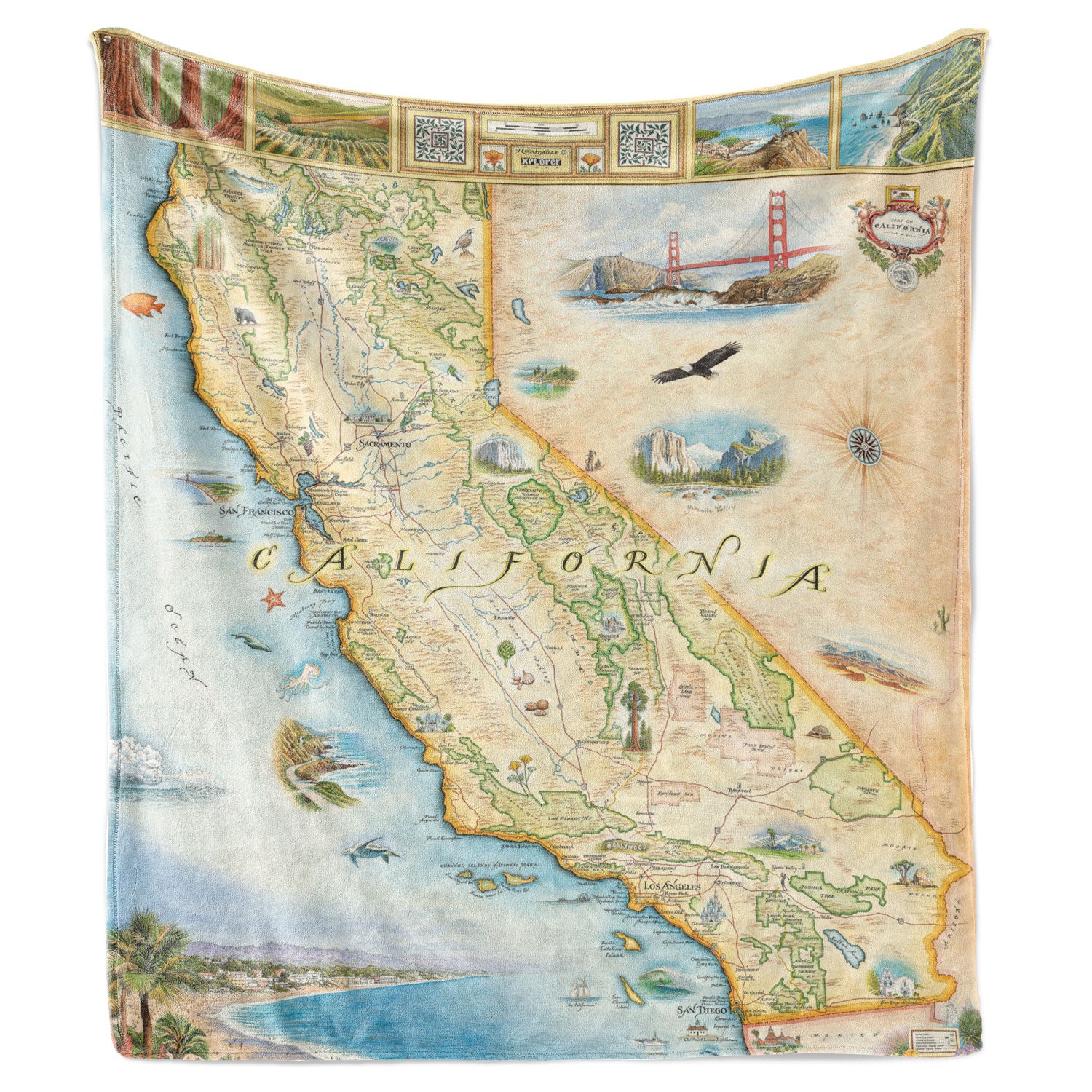 Hanging California State Map Fleece Blanket in earth-tones. It features major cities of Sacramento, San Francisco, Los Angeles, San Diego, Hollywood, and more. Aquatic life such as whales, sea turtles, and an abundance of fish species. National Parks and attractions are also illustrated such as Yosemite, Sequoia Disneyland, Redwood Forest, Golden Gate Bridge and Death Valley.