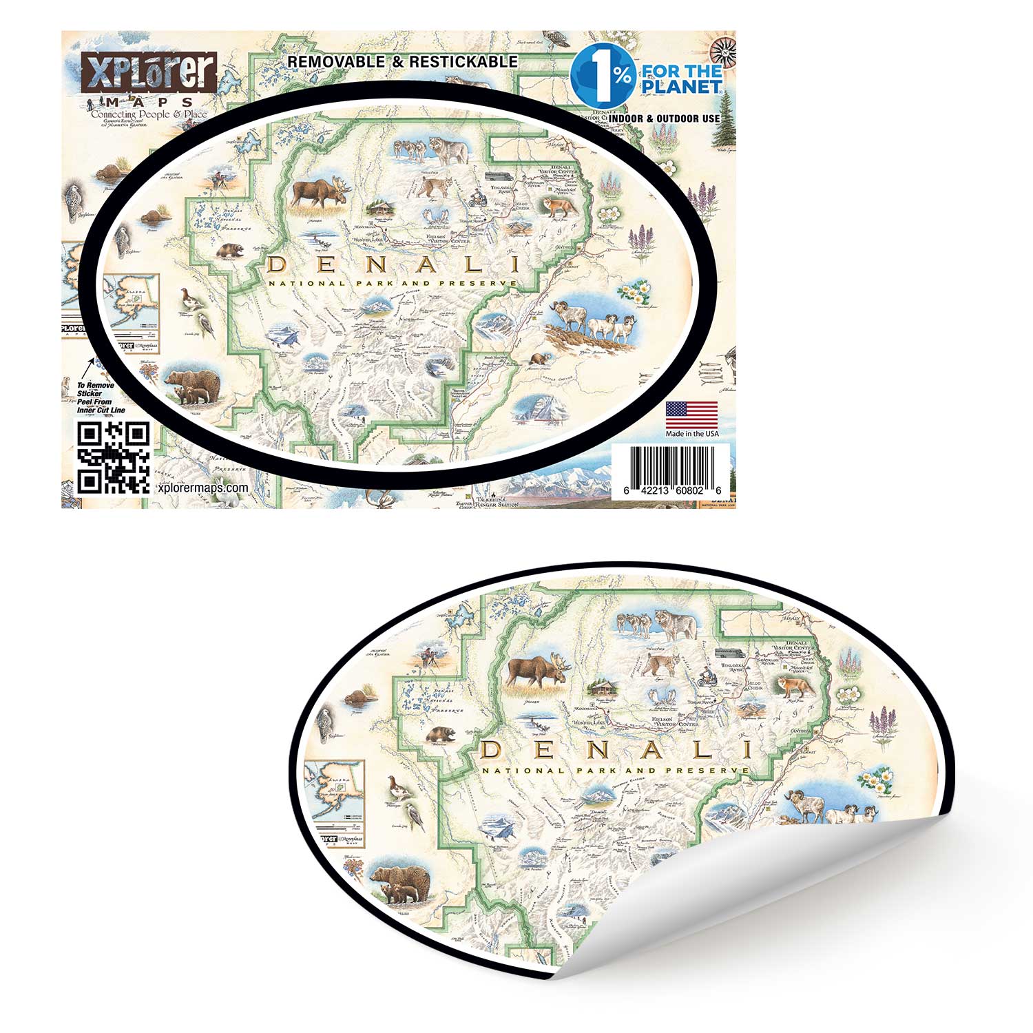 Denali National Park Map Sticker by Xplorer Maps. Featuring illustrations of the major flora and fauna found in the park, such as grizzly bears, wolverines, moose, lynx, Dall sheep, and many more. Major attractions are illustrated on the map, like the Talkeetna Visitor Center, Denali Visitor Center, Ruth Glacier, and Kahiltna Glacier.