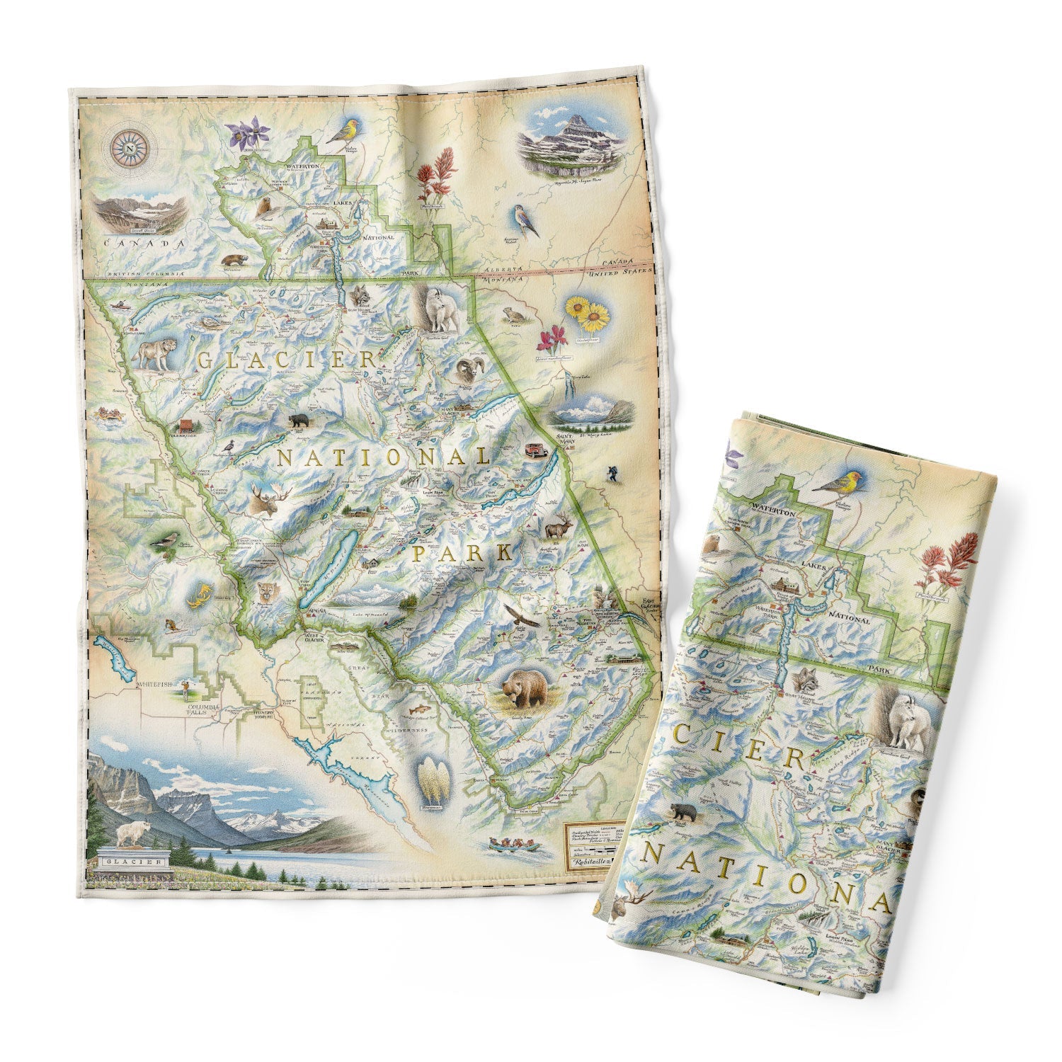 Glacier Kitchen Dishwashing Towel in earth tones of beige and blue. The map features places in the park such as Logan Pass, Lake McDonald Lodge, Many Glacier Lodge, Two Medicine, Glacier Park Lodge, and the Going-to-the-sun road. Flora and fauna include grizzly bear, elk, moose, mountain goat, and mountain lion.