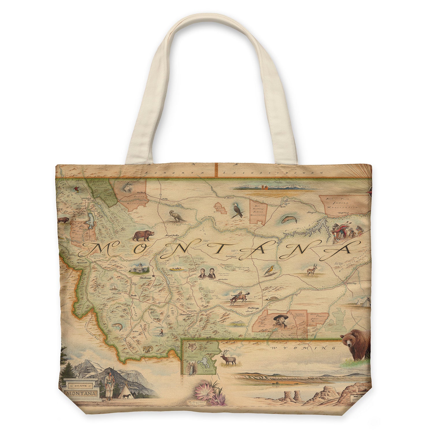 Montana State Map Canvas Tote Bag by Xplorer Maps. The map is featuring Sacajawea, Lewis & Clark, Yellowstone, Glacier National Park, Flathead Lake, grizzly bear, bald eagle, and elk. Cities like Missoula, Bozeman, Helena, and Whitefish are included in the print.