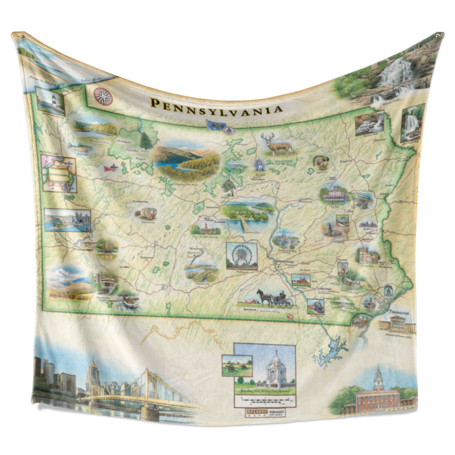 Hanging fleece blanket with the map of Pennsylvania on it. Hand-drawn artistic map featuring Pittsburgh, Philadelphia, Pocono Mountains, Amish Buggy, and Independence National Hall.