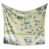 Hanging fleece blanket with the map of Pennsylvania on it. Hand-drawn artistic map featuring Pittsburgh, Philadelphia, Pocono Mountains, Amish Buggy, and Independence National Hall.
