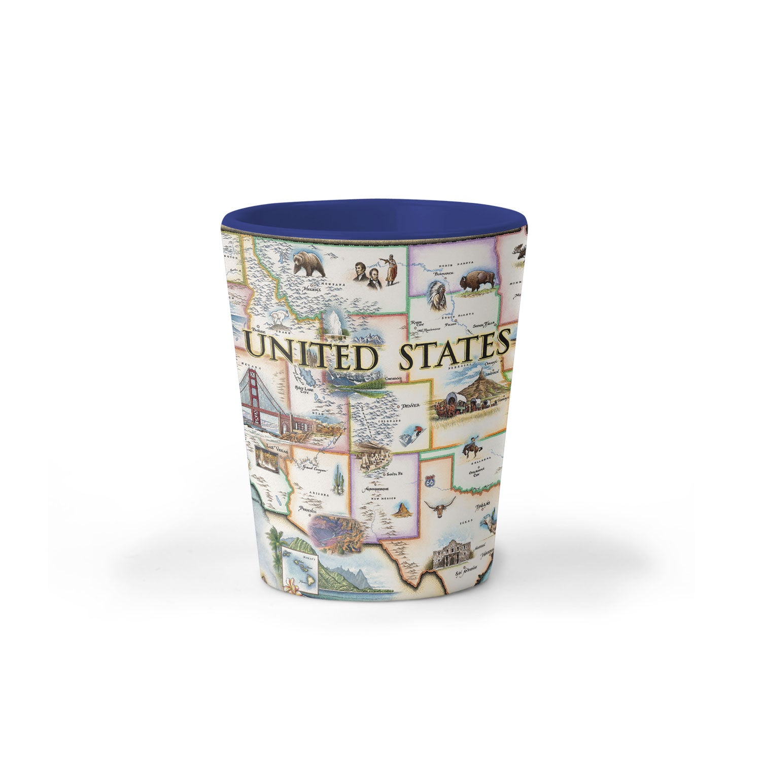 USA Map Ceramic shot glass by Xplorer Maps. The map features illustrations of significance from each state in the United States of America. Including a bald eagle, Elvis, bison, the Golden Gate Bridge, the Space Needle, Niagara Falls, and the Alamo.