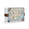 USA Map Jigsaw Puzzle by Xplorer Maps. Features illustrations of significance from each state in the United States of America. Including a bald eagle, Elvis, bison, the Golden Gate Bridge, the Space Needle, Niagra Falls, and the Alamo.