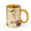Yellow 16 oz Yellowstone National Park Map Ceramic Mug. The map features illustrations of places such as Yellowstone Lake, Old Faithful, and Roosevelt Tower. Flora and fauna include mountain lions, wolves, grizzly bears, fireweed, and lupine.