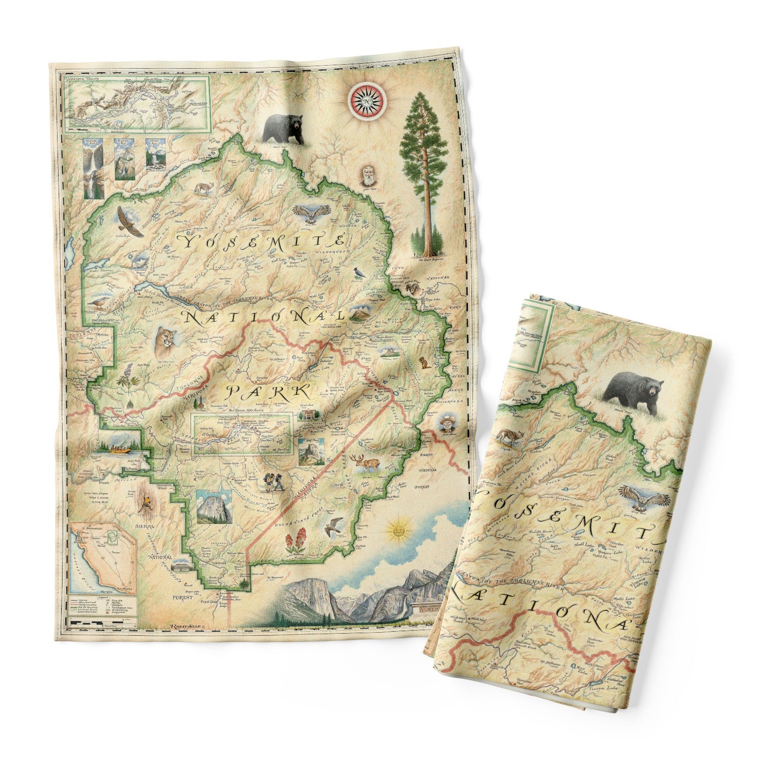 Yosemite National Park Map Kitchen Towels in earth tones beige and green feature illustrations of places such as Vernall falls, El Capitan, and Half Dome. Flora and fauna include mule deer, paintbrush, grey owl, and coyote. Other illustrations include John Muir, mountain climbing, hiking, and Ansel Adams.