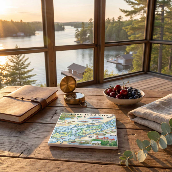 A square ceramic tile featuring a colorful vintage map of '1900 Islands' is displayed on a rustic wooden table. The scene is styled with a leather-bound notebook, a brass compass, a bowl of cherries and blueberries, and a folded linen cloth, all set against a large window with a scenic view of a lake and forest at sunset.