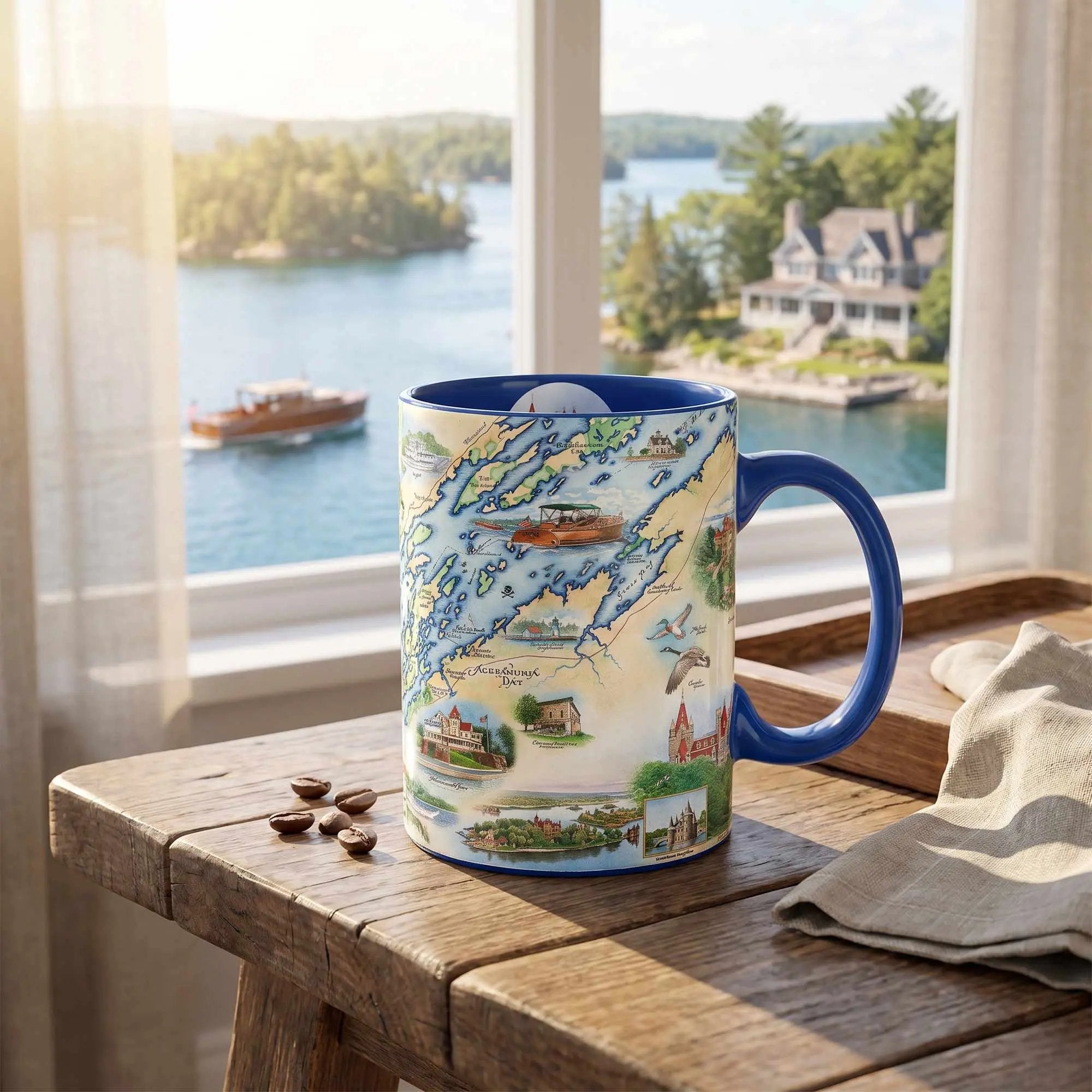 A ceramic mug with a blue handle and interior, printed with a colorful illustrated map of Lake Superior, sits on a rustic wooden table in front of a window with a scenic lake view.