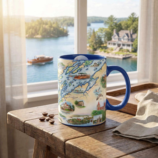 A ceramic mug with a blue handle and interior, printed with a colorful illustrated map of Lake Superior, sits on a rustic wooden table in front of a window with a scenic lake view.