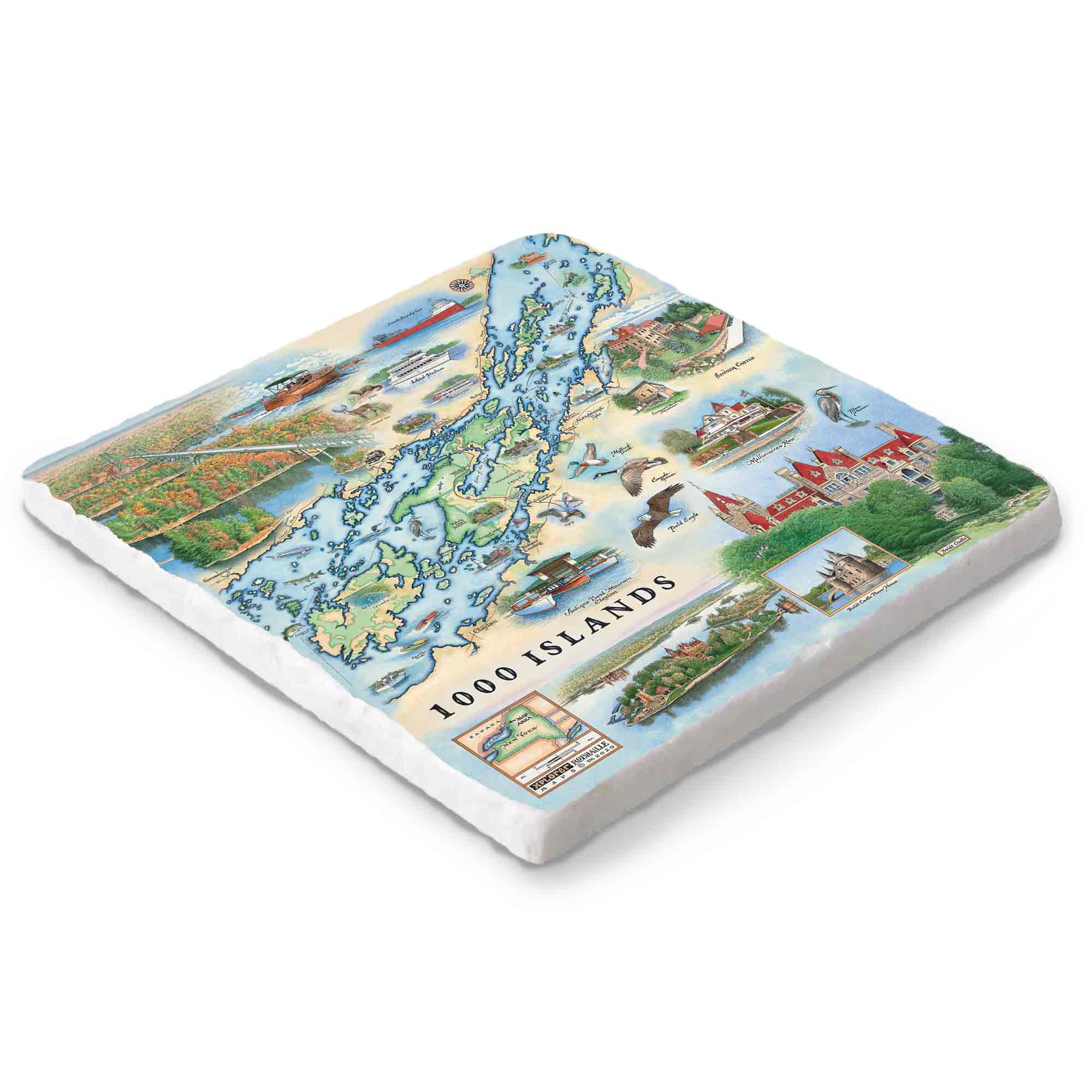Hand-drawn 1000 Islands map on a 6x6 natural stone trivet by Xplorer Maps.