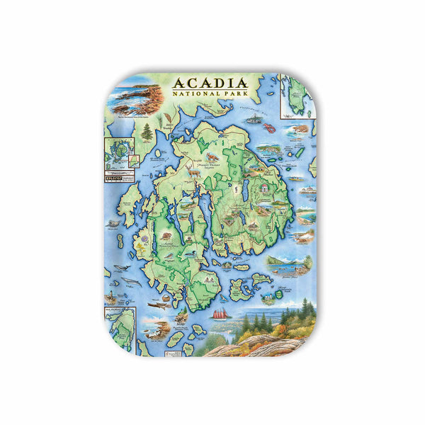 Medium Serving Tray Map of Acadia National Park with colorful illustration on a white background