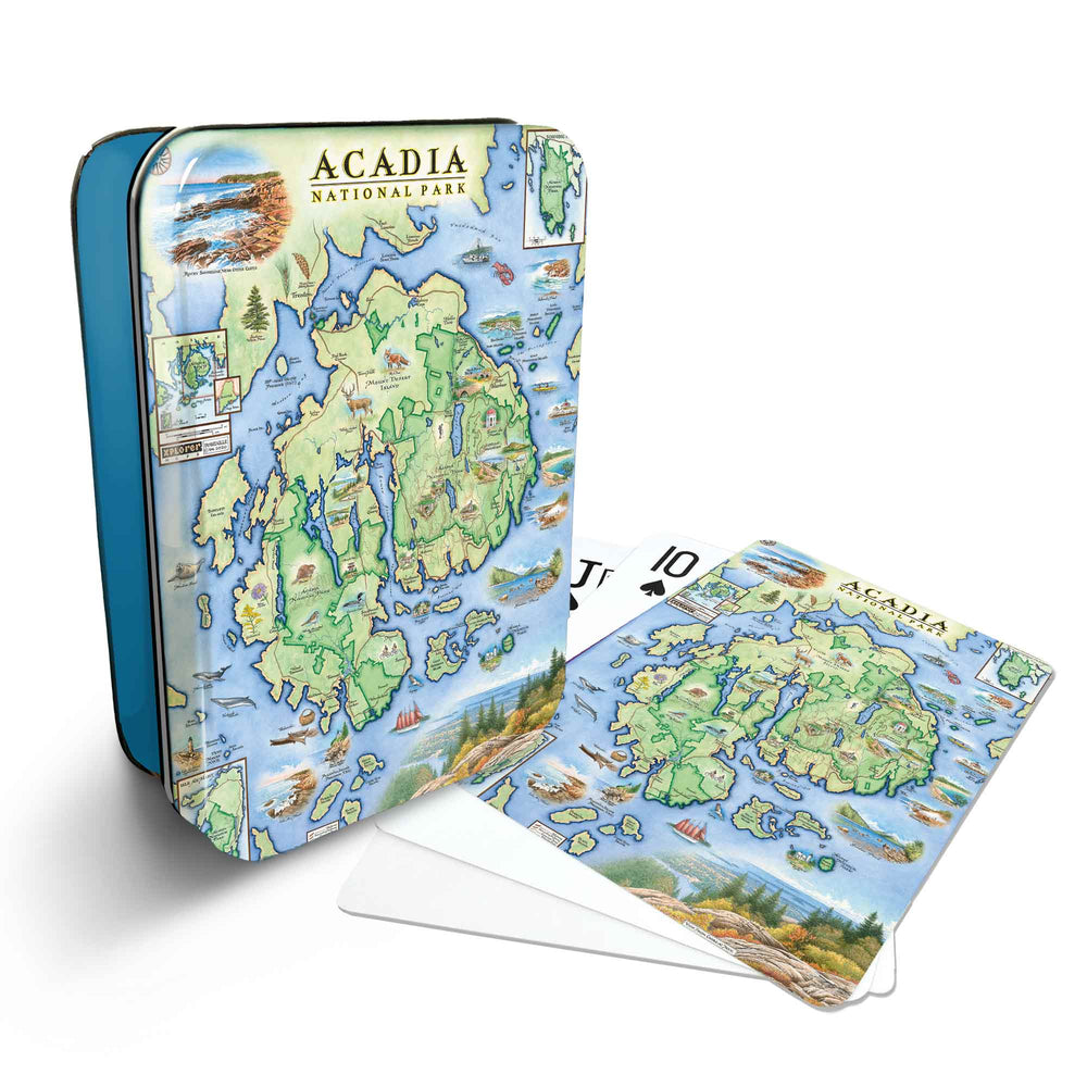 Acadia National Park Map Playing cards that features iconic attractions, flora and fauna of that area - Blue Metal Tin.