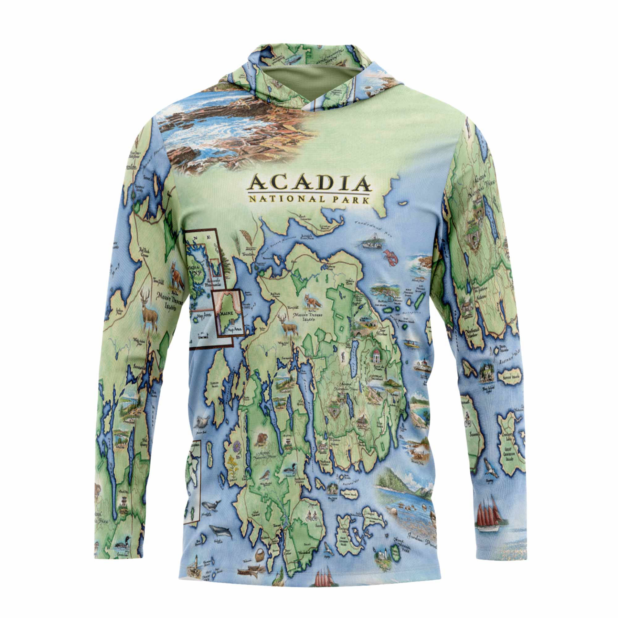 Front Sun shirt hoodie with Acadia National Park map design on a white background
