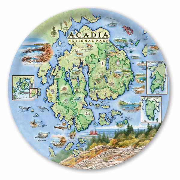 Round Serving Tray Map Map of Acadia National Park with scenic illustrations on a circular plate.
