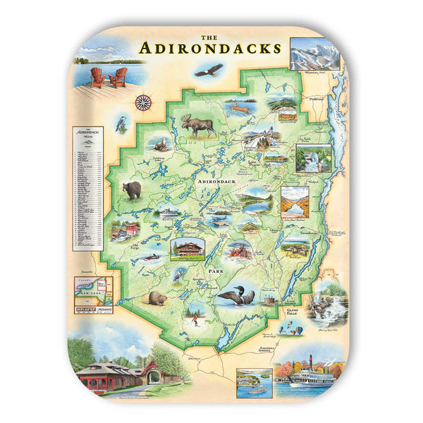 Large Rectangle Serving Tray Map of The Adirondacks with various attractions and scenery on a white background