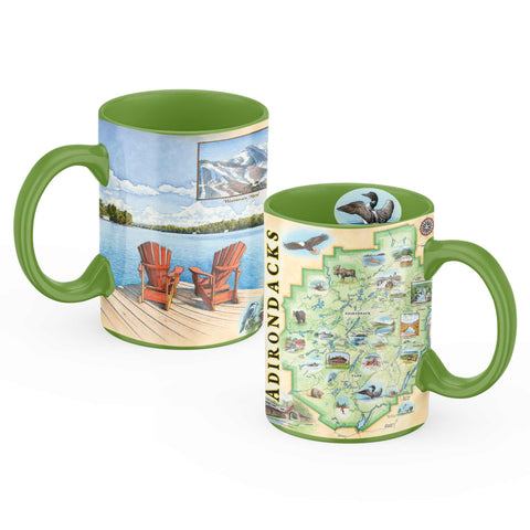 Adirondacks ceramic mug ( front & Back ) featuring original hand-drawn map artwork by Chris Robitaille, perfect for travel and nature lovers.