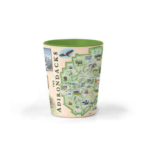 Adirondacks Map Ceramic Shot Glass featuring original hand-drawn map artwork by Xplorer Maps artist Chris Robitaille.