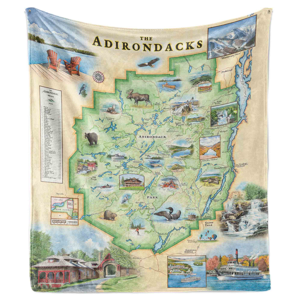 Hanging Adirondacks Map Fleece Blanket displaying the full hand-drawn design.
