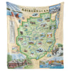 Hanging Adirondacks Map Fleece Blanket displaying the full hand-drawn design.