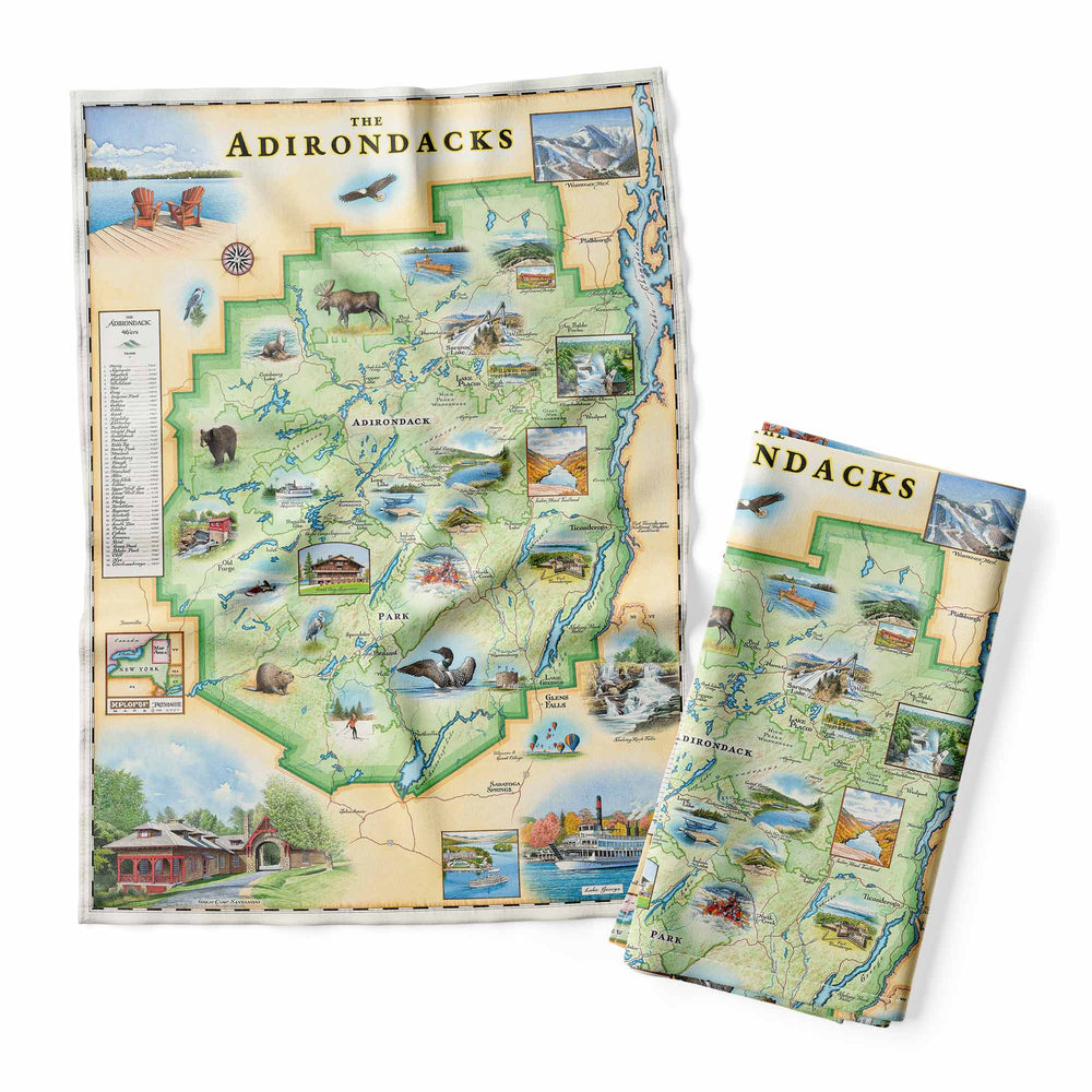 Adirondacks dishtowel showcasing a hand-drawn map on 100% cotton flour sack. Rustic, nature-inspired, absorbent, and perfect for any kitchen.