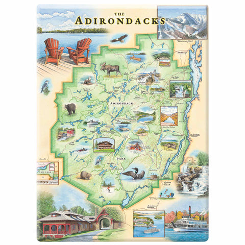 Adirondacks Map Magnet featuring detailed hand-drawn illustrations of the region.