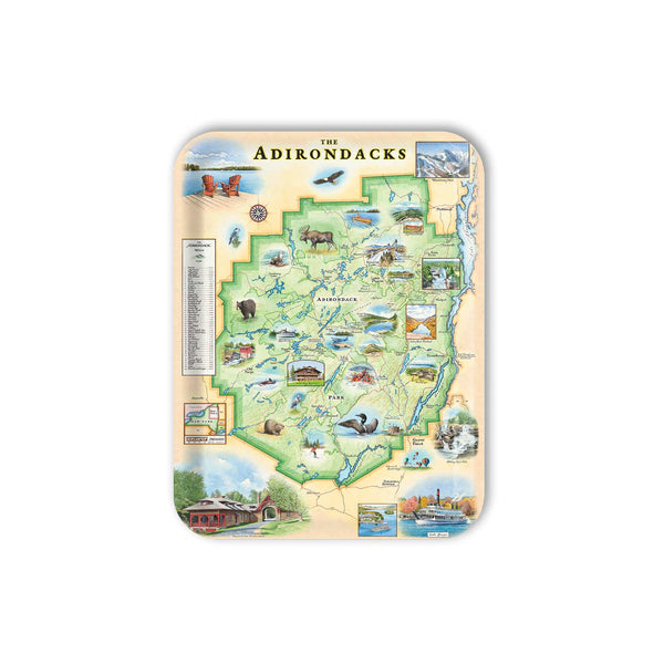 Medium Rectangle Serving Tray  Map of The Adirondacks with various icons and illustrations on a white background