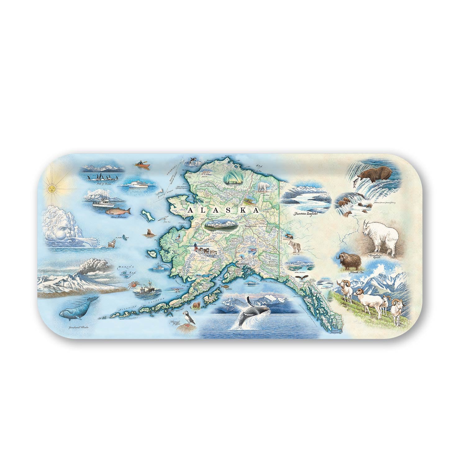 Small Serving Tray Map of Alaska with illustrations on a white background