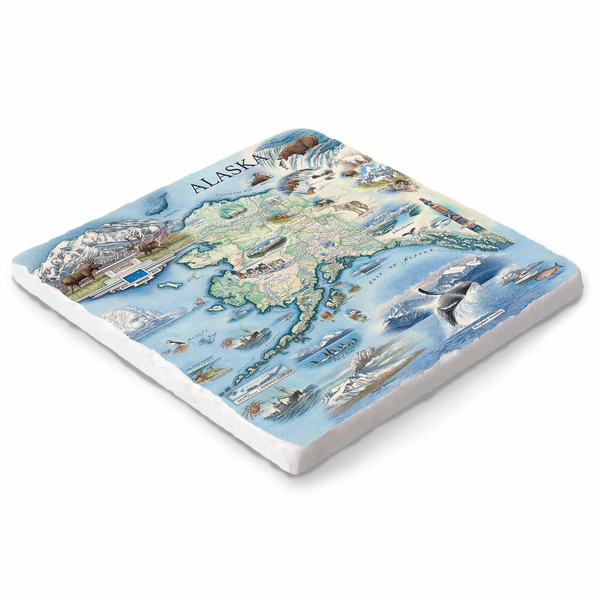 Alaska natural stone trivet with hand-drawn map and wildlife art by Xplorer Maps on 6x6 Boccini marble with cork backing.