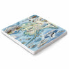 Alaska natural stone trivet with hand-drawn map and wildlife art by Xplorer Maps on 6x6 Boccini marble with cork backing.