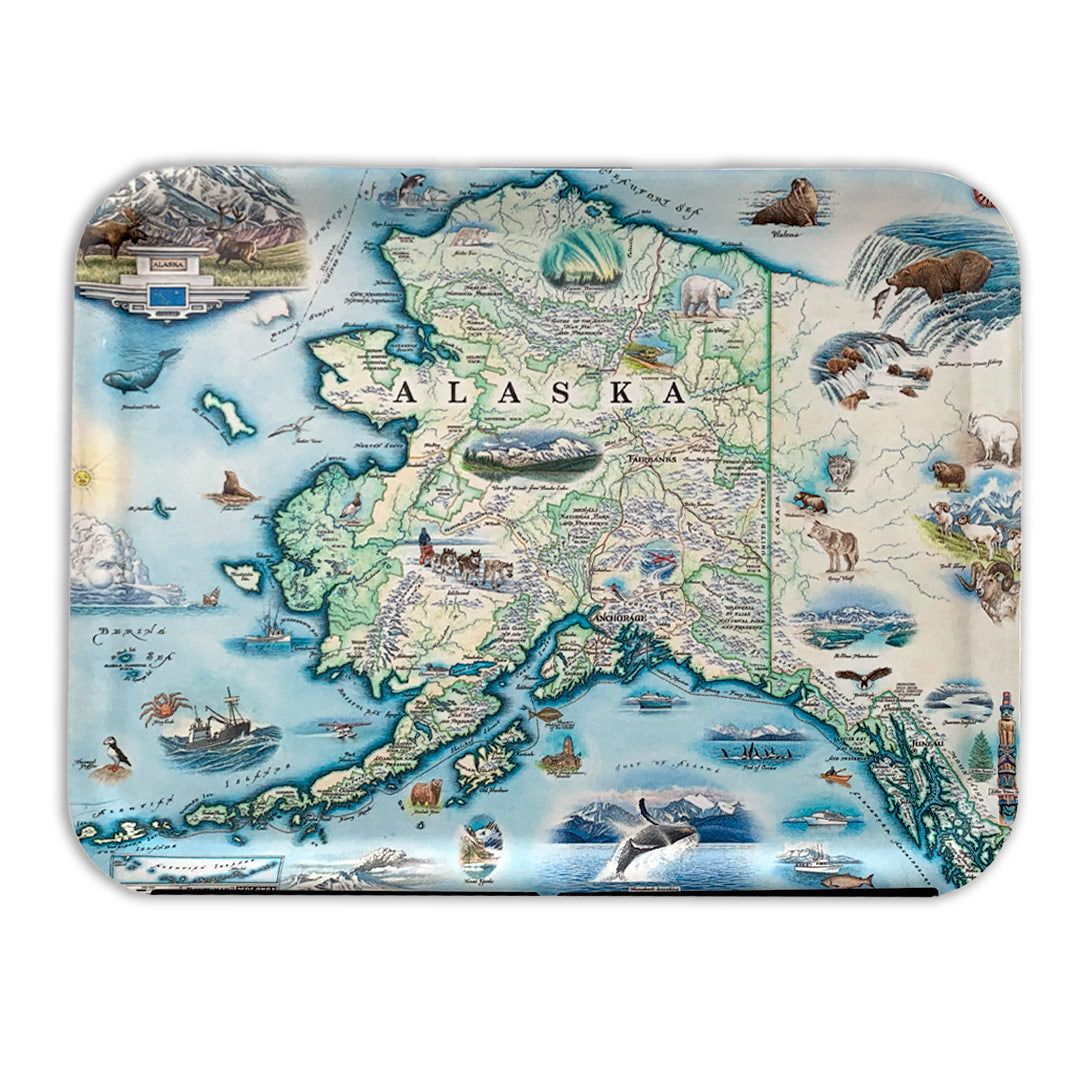 Large Alaska Serving tray with illustrations of bear. wolves, fishing boats, whales, inside passage, and many other illustrations. 