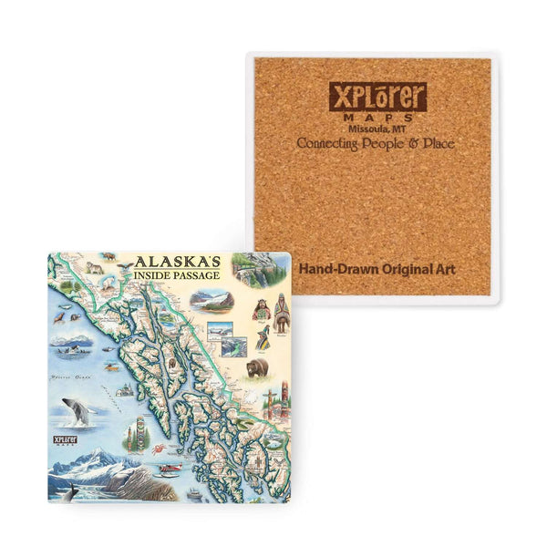  4" x 4" Alaska Inside Passage map ceramic coaster in earth tone colors of blues and greens. The map includes Denali National Park and cities such as Anchorage, Fairbanks, and Juneau. Illustrations of wildlife matching the region: Polar bears, arctic foxe