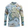 A long-sleeve hooded sweatshirt featuring an all-over Alaska map print with illustrated wildlife, ships, mountains, and coastal scenes on a light blue base.