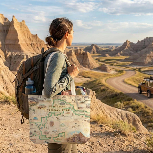 Person with a backpack and map bag in a desert landscape