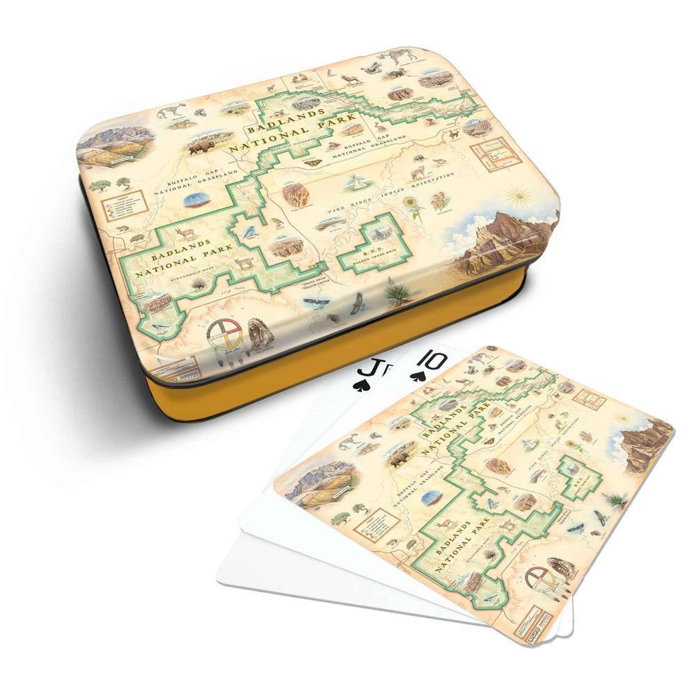 Badlands National Park Map Playing cards that features iconic attractions, flora and fauna of that area - Yellow Metal Tin