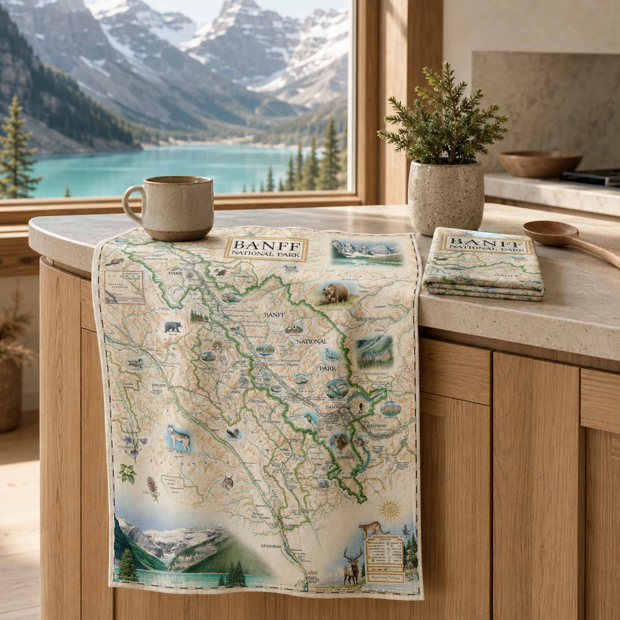 A Banff National Park themed kitchen towel draped over a wooden kitchen counter, featuring a vintage-style illustrated map of Banff with scenic details. A matching folded towel, a ceramic mug, and a small potted plant sit on the counter in front of a window showing a mountain and lake view.