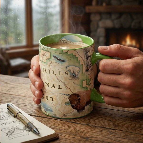 Person holding a Black Hills mug with a nature-themed design in a cozy indoor setting.