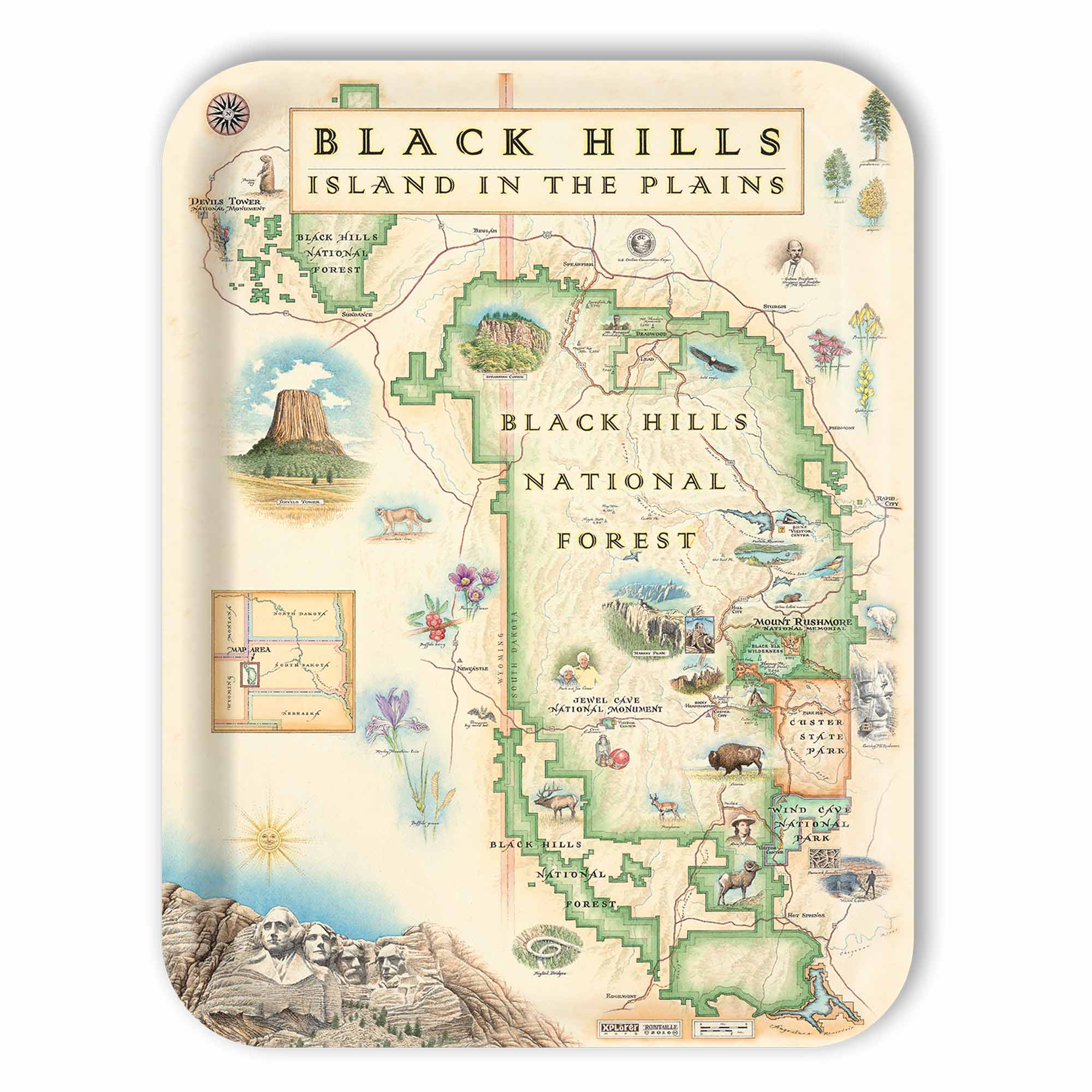 Large Rctangle Serving Tray Map of Black Hills National Forest with scenic illustrations on a beige background